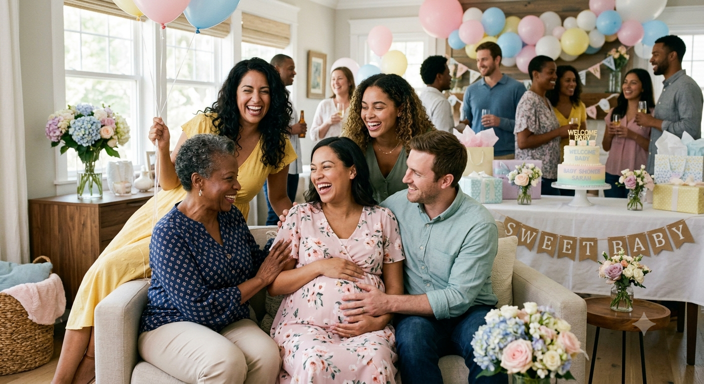 Famille et amis célébrant une baby shower autour de la future maman