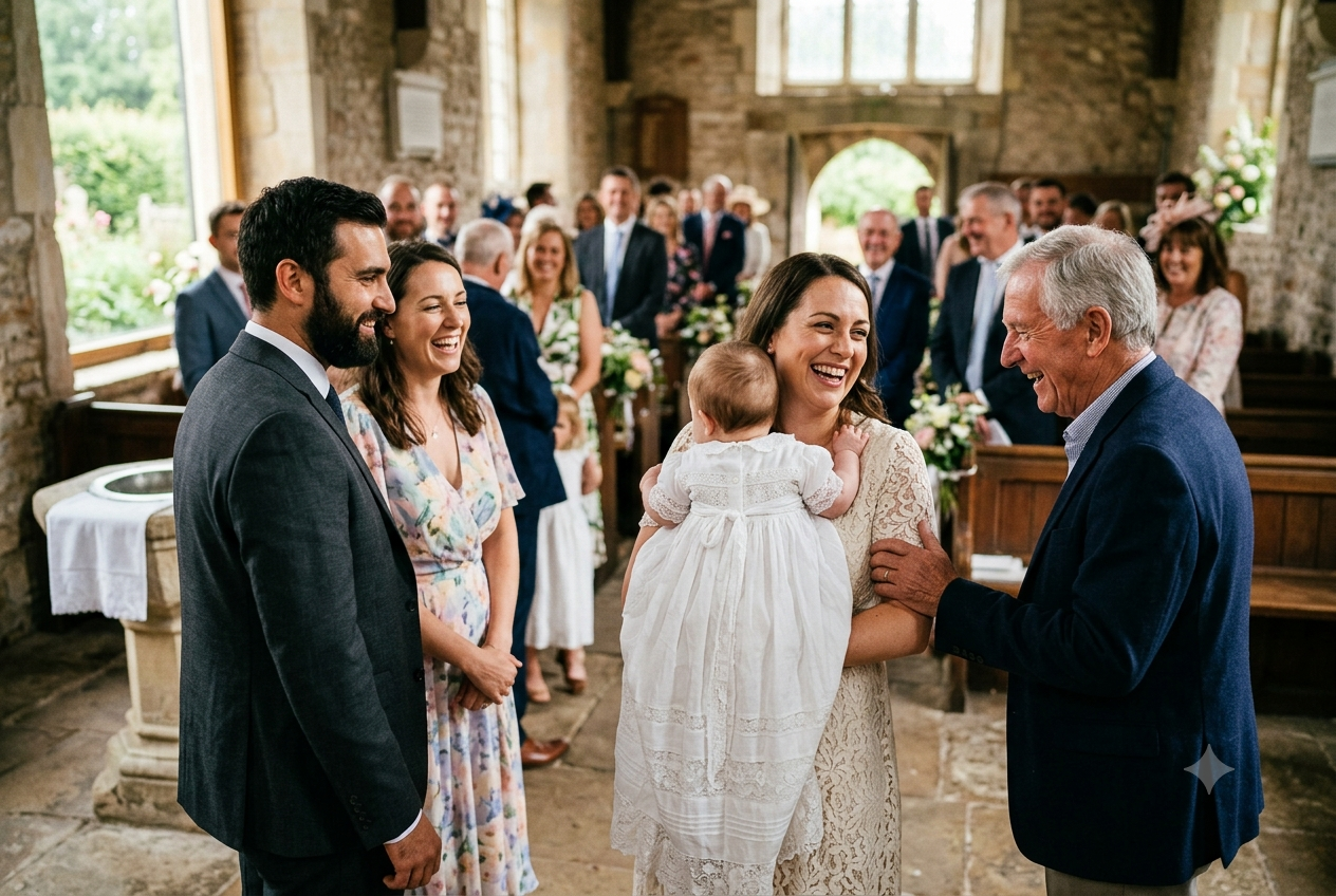 Famille souriante réunie dans une église pour un baptême